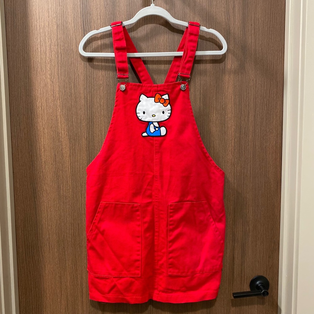 SANRIO Hello Kitty Overall Mini Dress Size L Red Denim Jumper Kawaii Kidcore Y2K - Picture 2 of 10